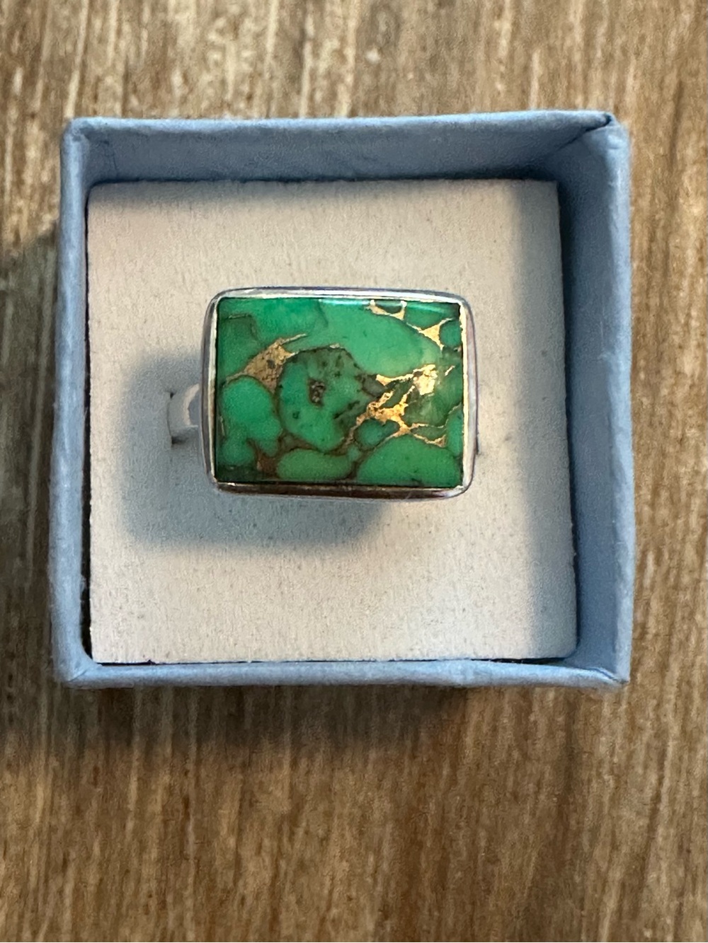 Sterling Silver Green & Gold Turquoise-Style Rectangle Ring